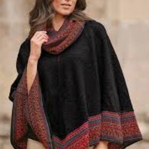 100% Baby Alpaca Cowl Neck Poncho, Black With Vibrant Accents - From Peru